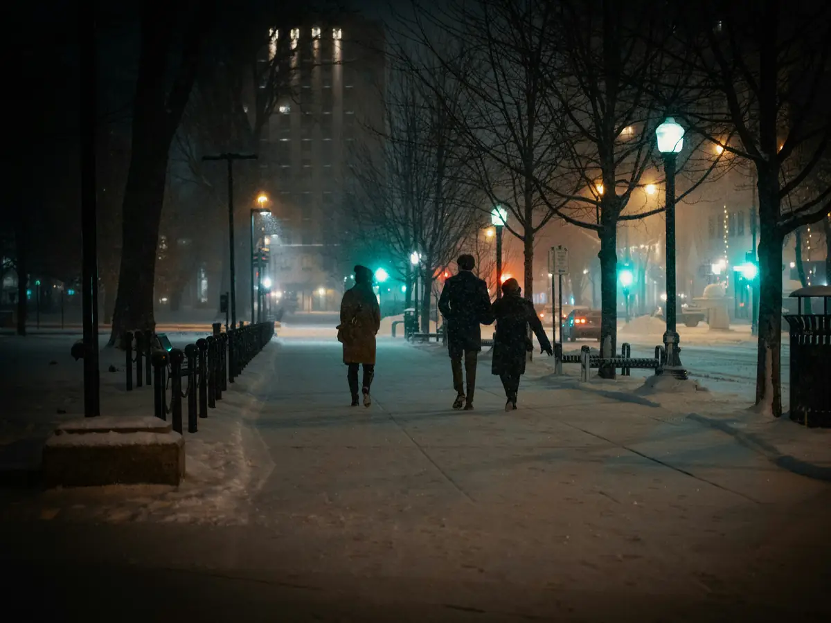 Des promeneurs au loin traversent un parc enneigé éclairé par des lampadaires, la nuit.